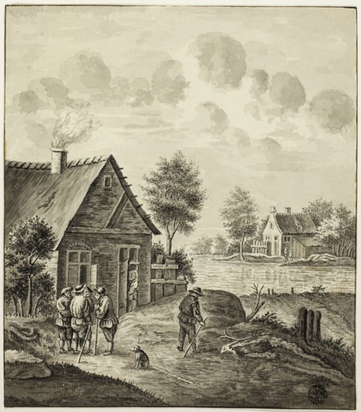 Men Conversing Outside House Beside Canal, after 1758, After Isaac van Ketweg, Dutch, c. 1732-1787,
