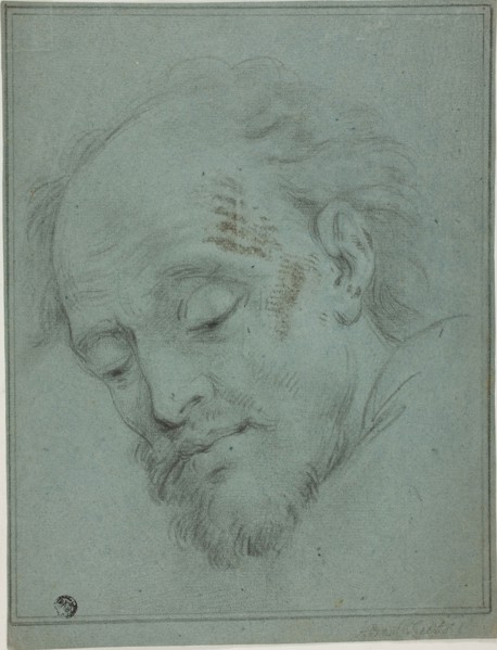 Male Head Looking Down, n.d., Unknown artist, possibly Italian, 17th century, Italy, Black crayon,