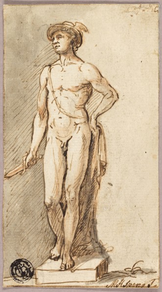 Statue of Mercury, n.d., Michael Henry Spang, Danish, active 1750-1767, Denmark, Pen and brown ink,