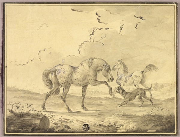 Two Horses Fighting Dog, n.d., Johann Georg Pforr, German, 1745-1798, Germany, Pen and gray ink,