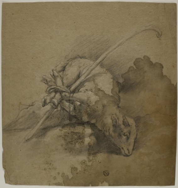Lamb Bound to Shephard’s Crook (recto), Seated Academic Male Nude, From Back, Turning Right