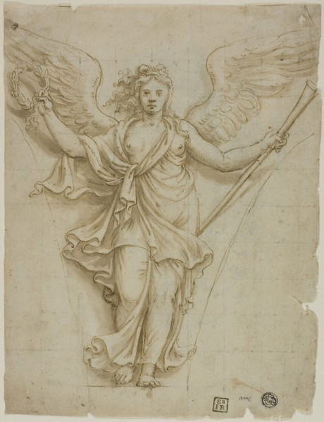 Spandrel Design with Allegorical Figure of Fame (recto), Design for Coat of Arms (verso), c. 1532,