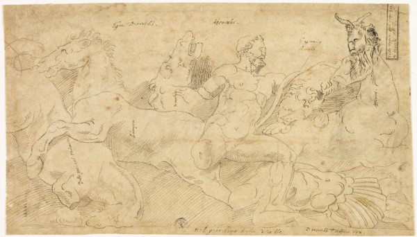 Ancient Relief with Hercules and the Mares of Diomedes (recto), Two Sketches: Draped Satyr and