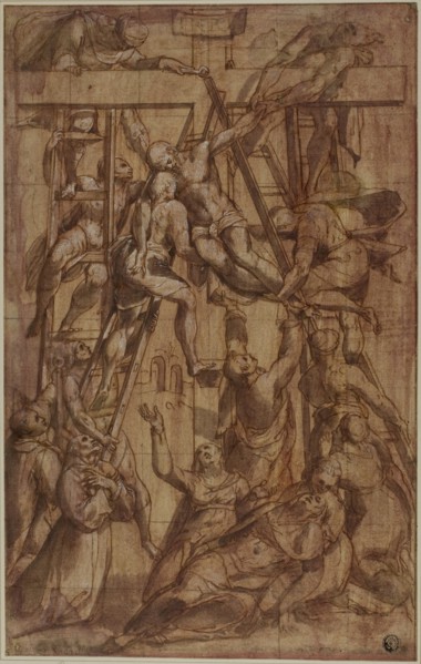 Deposition, with Saint Francis of Assisi and Another Male Saint (Stephen?), c. 1576, Attributed to