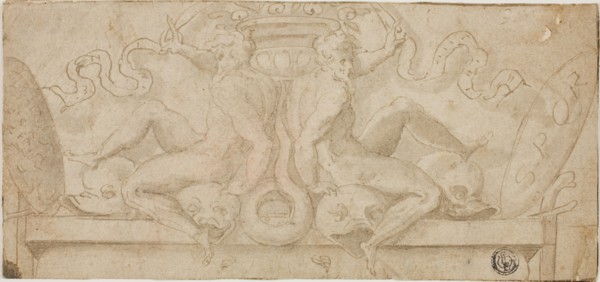 Design for Overdoor: Two Ignudi with Dolphins and Shields, n.d., Circle of Francesco de’Rossi,