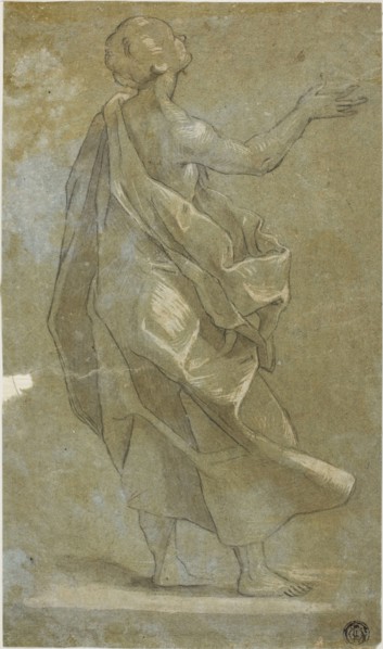 Standing Draped Male Figure with Raised Right Arm, n.d., After Carlo Urbino, Italian, active
