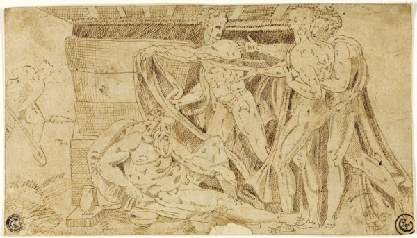Drunkenness of Noah, n.d., After Michelangelo Buonarroti, Italian, 1475-1564, Italy, Pen and brown