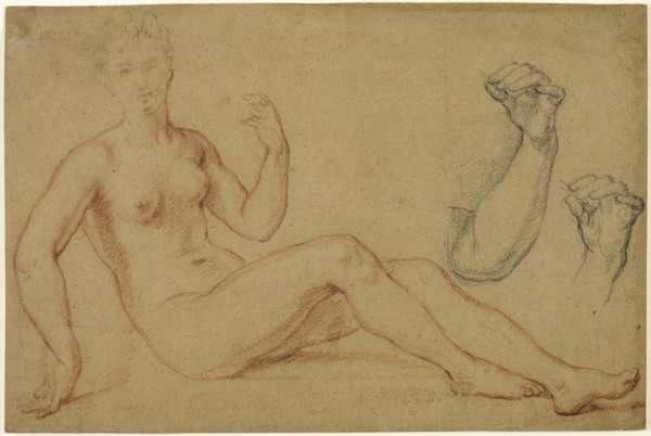 Seated Female Nude with Sketch of Hand and Sketch of Forearm, n.d., Louis de Boullogne, the elder,