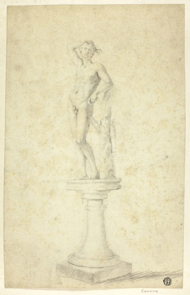 Statue of Apollo, n.d., Unknown Artist, French, 18th century, France, Black chalk on cream laid