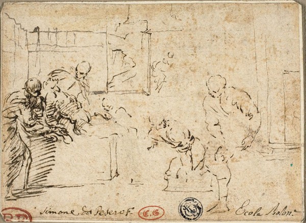 Interior with Male Nude Surrounded by Five Figures, n.d., Attributed to Simone Cantarini, Italian,