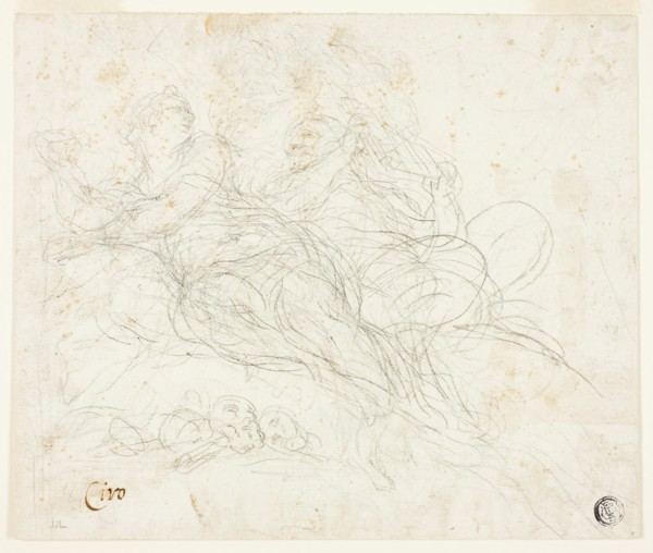 Nymph and Satyr, n.d., Ciro Ferri, Italian, 1634-1689, Italy, Black chalk on ivory laid paper, 181