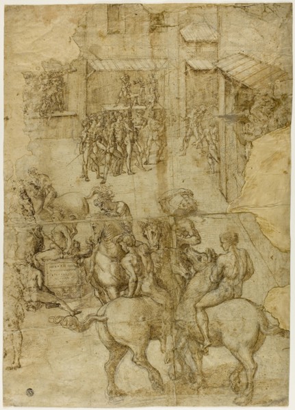 Mythological Pageant (recto), Illegible Inscriptions and Anatomical Studies of Head (verso),