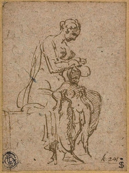 Woman Delousing a Child, 1524/27, Parmigianino, Italian, 1503-1540, Italy, Pen and brown ink on tan
