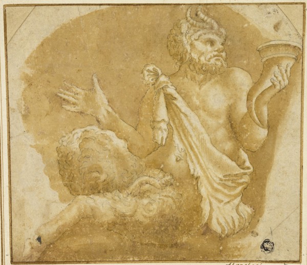 Seated Faun Holding Cornucopia (recto), Sketch of Tree and House (verso), n.d., After Giulio Pippi,