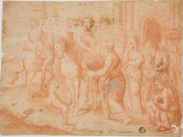 Departure of Tobias, n.d., Unknown Artist, Italian, late 16th century, Italy, Red chalk on tan laid
