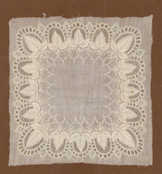Handkerchief, 19th century, France, Linen, plain weave, embroidered with linen threads in padded