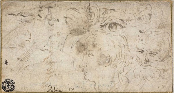 Sketches of Heads, Eyes, Ear, and Mouth, 1600/11, Jacopo Negretti, called Palma il Giovane,