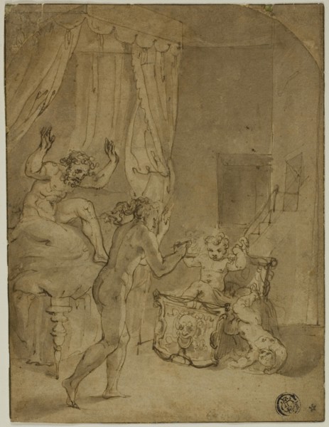 The Infant Hercules Strangling Serpents in His Cradle (recto), Crowned Woman Kneeling in Landscape,