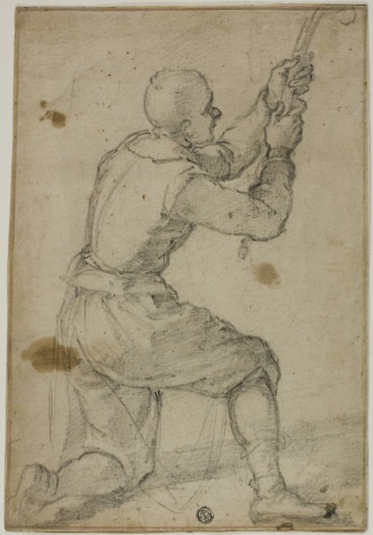 Man on Bended Knee, Pulling on Rope, c. 1604, Bernardino Poccetti, Italian, 1548-1612, Italy, Black