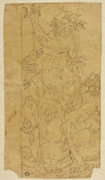Neptune and Triton, n.d., Unknown Artist, German, late 16th century, Germany, Black crayon on tan