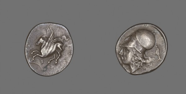 Stater (Coin) Depicting Pegasus Flying, 4th/3rd century BC, Greek, Corinth, Silver, Diam. 2.4 cm, 8