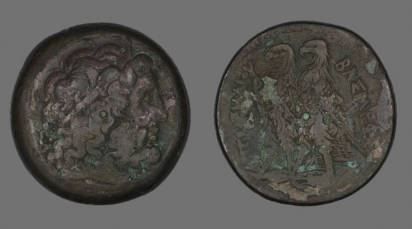 Coin Depicting the God Zeus, 261/247 BC, Greek, minted in Egypt, Egypt, Bronze, Diam. 4.1 cm, 69.74