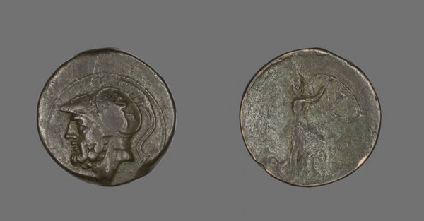 Coin Depicting the God Mars, about 282/203 BC, Greek, Calabria, Bronze, Diam. 2.6 cm, 14.15 g