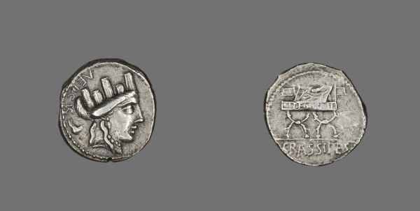 Denarius (Coin) Depicting the Goddess Cybele, 84 BC, Roman, minted in Rome, Italy, Silver, Diam. 2