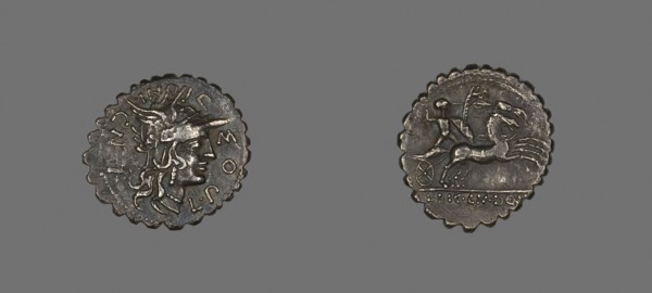 Denarius Serratus (Coin) Depicting the Goddess Roma, 118 BC, Roman, minted in Narbo, Italy, Silver,