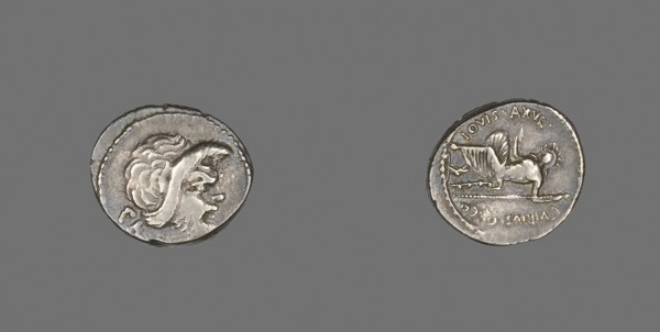Denarius (Coin) Depicting the Mask of Pan, 48 BC, Roman, minted in Rome, Italy, Silver, Diam. 2 cm,