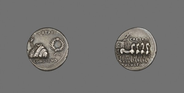 Coin Depicting a Toga, Tunic and Wreath, about 18 BC, Roman, minted in Spain, Roman Empire, Silver,