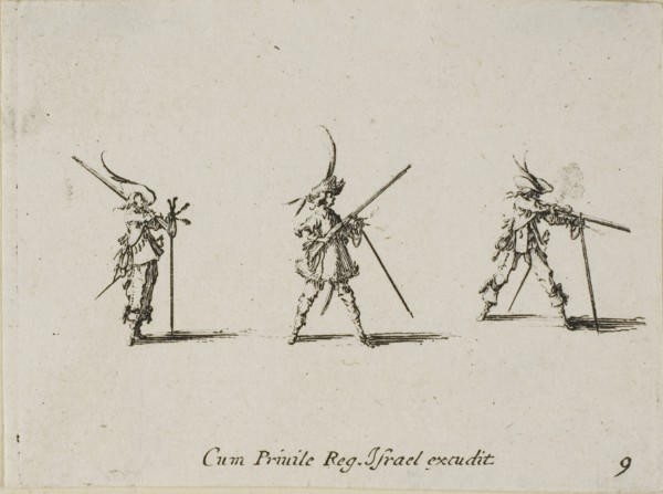 Firing the Musket, plate nine from The Military Exercises, published 1635, Jacques Callot (French,
