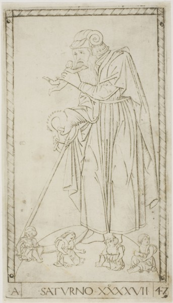 Saturn, plate 47 from Planets and Spheres, c. 1465, Master of the E-Series Tarocchi, Italian,