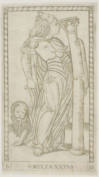 Fortitude, plate 36 from Genii and Virtues, c. 1465, Master of the E-Series Tarocchi, Italian,