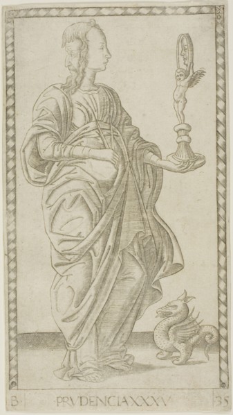 Prudence, plate 35 from Genii and Virtues, c. 1465, Master of the E-Series Tarocchi, Italian,