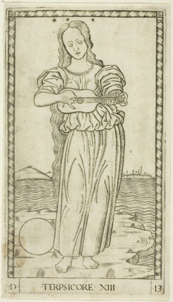 Terpsichore, plate thirteen from Apollo and the Muses, c. 1465, Master of the E-Series Tarocchi,