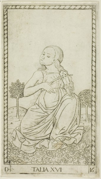 Thalia, plate sixteen from Apollo and the Muses, c. 1465, Master of the E-Series Tarocchi, Italian,