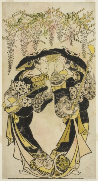 The Actors Sanjo Kantaro (right) and Fujimura Handayu (left) as musicians playing under wisteria, c