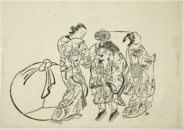 Measuring Daikoku’s height, no. 5 from a series of 12 prints, c. 1708, Okumura Masanobu, Japanese,
