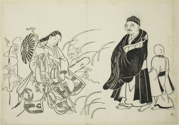 Komachi resting on a stupa, no. 6 from a series of 12 prints, c. 1708, Okumura Masanobu, Japanese,