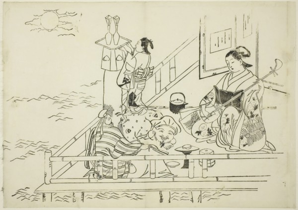 Courtesan entertaining Daikoku and Fukurokuju, no. 10 from a series of 12 prints, c. 1708, Okumura