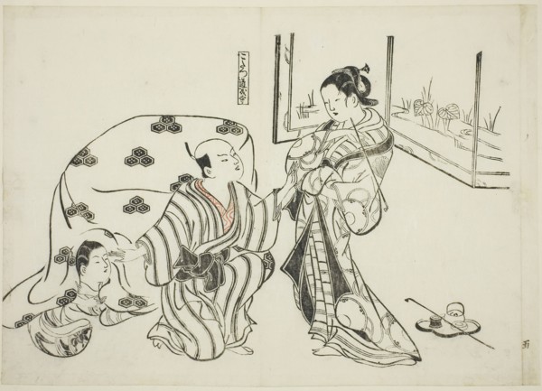 Kotatsu Dojoji, no. 5 from a series of 12 prints depicting parodies of plays, c. 1716/35, Okumura