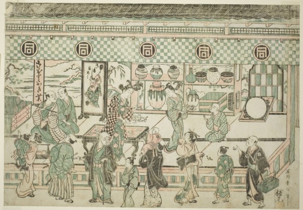 The Shop of Sanogawa Ichimatsu, c. 1743, Ishikawa Toyonobu, Japanese, 1711-1785, Japan, Color