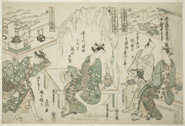 Enjoying the Evening Cool at Ryogoku, A Set of Three (Ryogoku suzumi sanpukutsui), c. 1752,