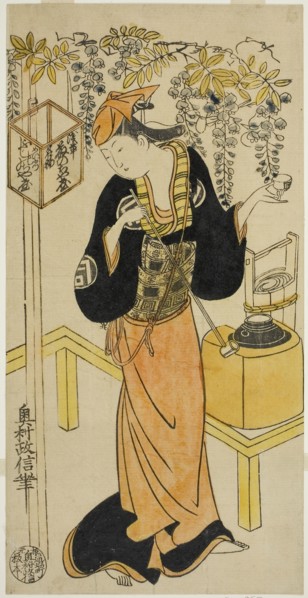 The Actor Sanogawa Mangiku I as Ohatsu in the play Sogazaki Shinju, performed at the Nakamura