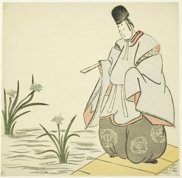Narihira at Yatsuhashi Bridge, 1765, Japanese, Japan, Color woodblock print, 21.5 x 22 cm (8 7/16 x
