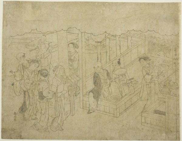 Key block print for The Introduction (Miai), the first sheet from the series Marriage in Brocade