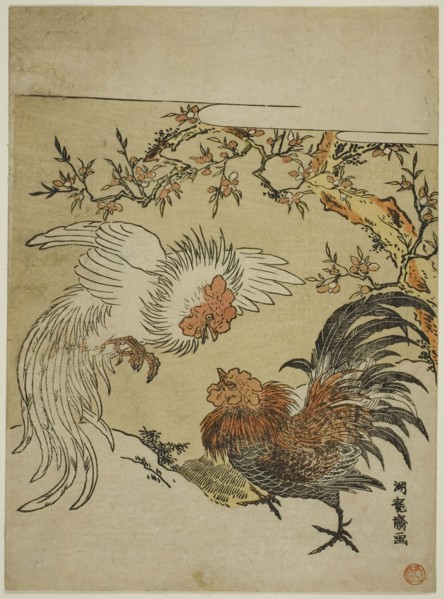 Cocks Fighting Under a Tree, c. 1770s, Isoda Koryusai, Japanese, 1735-1790, Japan, Color woodblock
