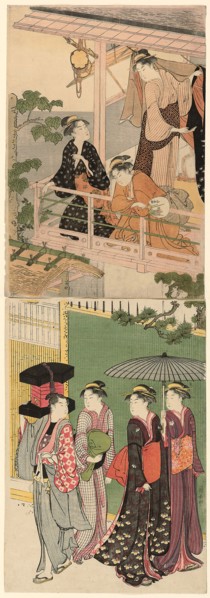 A Fan Peddler Passing Beneath a Balcony, c. 1786, Torii Kiyonaga, Japanese, 1752-1815, Japan, Color
