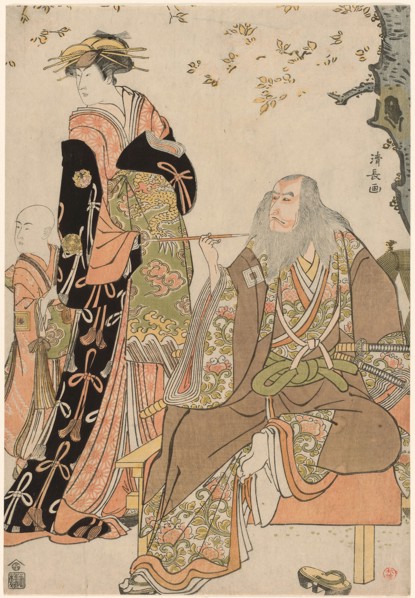 The Actors Ichikawa Danjuro V as Hige no Ikyu, Nakamura Riko as Agemaki, and Ichikawa Ebizo as